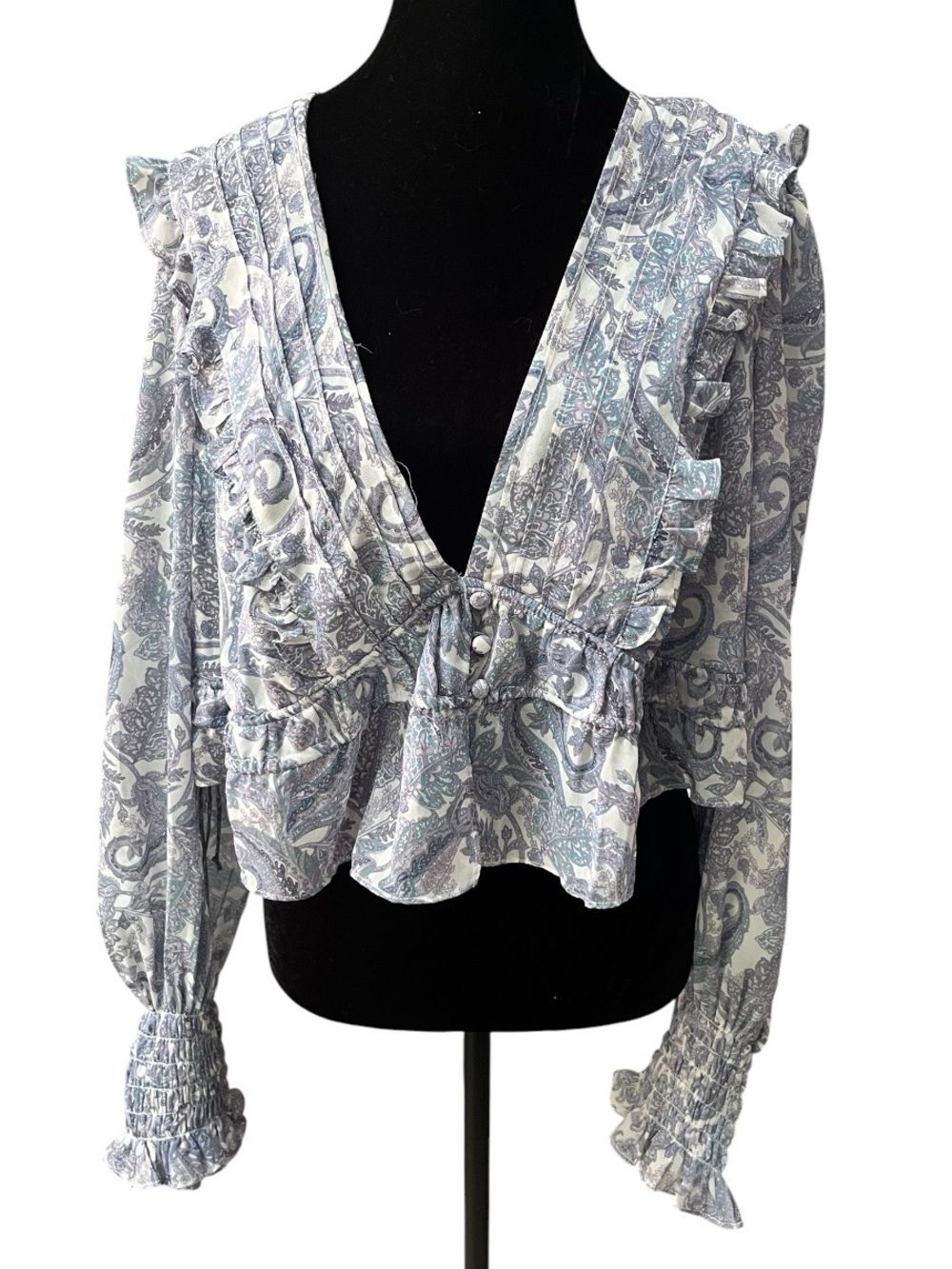 For Love & Lemons Nina Top NWT Size 1X Cropped Eco-Chiffon Ruffled Blouse Blues